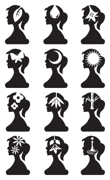 女孩轮廓与概念符号向量图标集图片下载