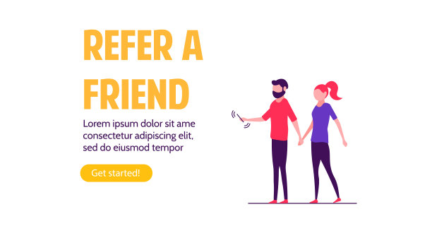 参考朋友矢量插图的概念。一群年轻男女用金钱和礼物吸引顾客。推荐计划和社交媒体营销的朋友。图片下载