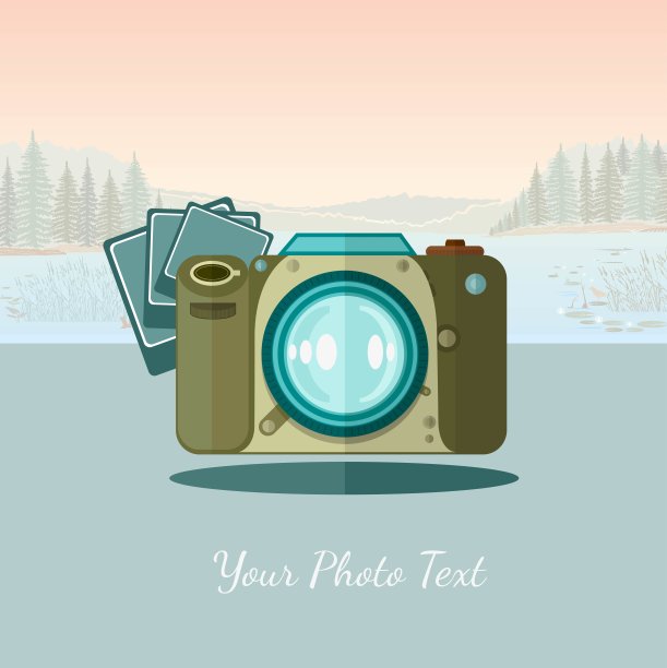 平面图标相机与照片与森林、河流和山脉的景观背景图片下载