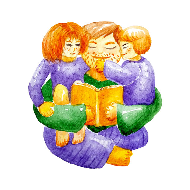 水彩画爸爸给他的孩子们读一本书，穿着家服坐在他的腿上，拥抱着。在家里学习插图或阅读圣经或一起玩。图片下载