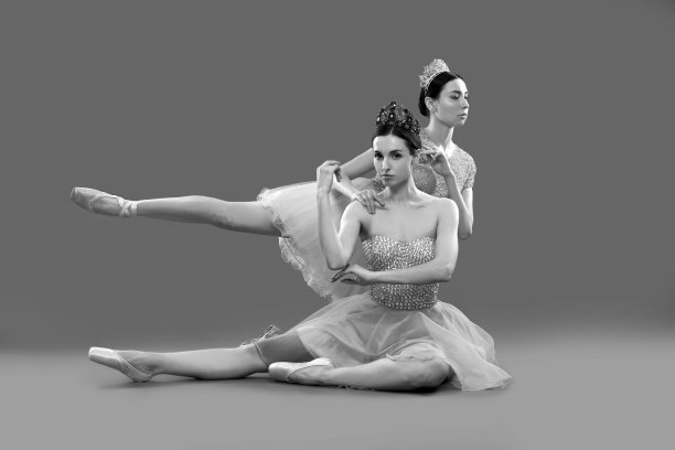 两个优雅的女芭蕾舞演员在工作室摆姿势图片下载
