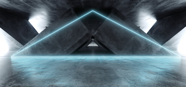 充满活力的三角形霓虹背景发光的蓝色紫罗兰路径轨道大门入口科幻未来虚拟现实黑暗隧道混凝土垃圾反射激光灯3D渲染图片下载