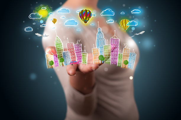 年轻女子呈现多姿多彩的手绘都市图片下载