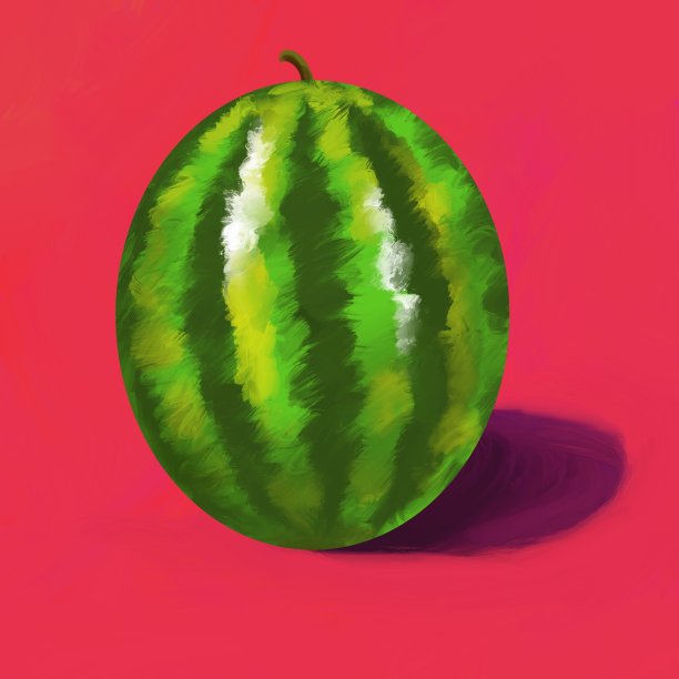 西瓜卡通手绘数字插图仿油画在画布上粉红色的背景图片下载