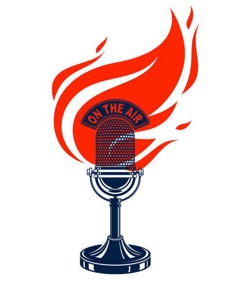 老式麦克风着火了，热麦克风在火焰中，录音室录制音乐，在空中打字，矢量插图，现场广播翻译，单口喜剧，t恤打印。图片下载