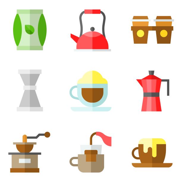 咖啡相关矢量图标设置3，平整造型图片下载