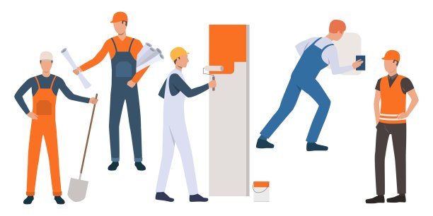 一群建筑工，油漆工，杂工和建筑师图片下载