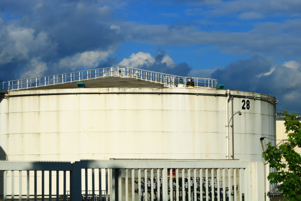 工厂的筒仓，它的圆顶屋顶和入口桥在一个封闭的封闭环境中图片下载