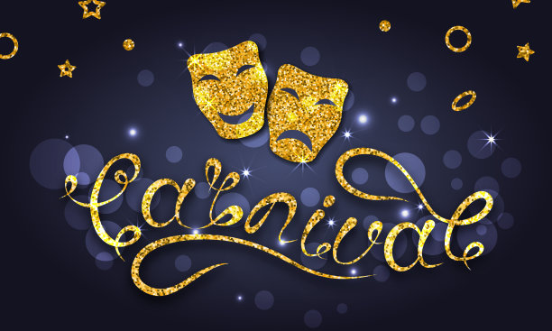 欢乐嘉年华节日明信片、金色剧场面具、亮片海报图片下载