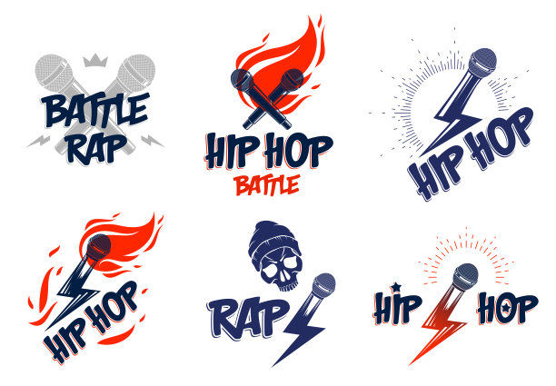 说唱音乐矢量标志设置麦克风在手火焰和闪电，热门嘻哈押韵音乐节音乐会或夜总会派对标签，t恤印花。图片下载