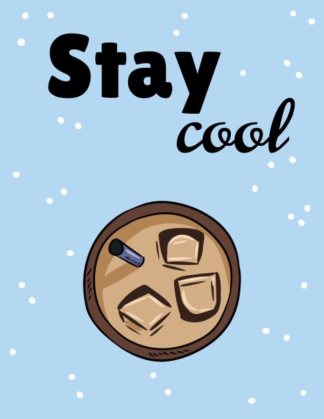 保持冷静。冰冷饮一杯咖啡或茶。手绘卡通风格明信片图片下载