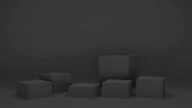 黑色讲台立方体站在黑暗的背景，逼真的3d插图。空的展示空间概念与立方体室内设计。图片下载