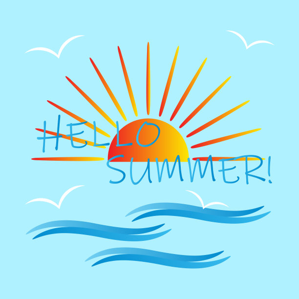 矢量插图的一幅夏季图片设计理念，阳光的自然元素，海浪与“你好夏天!”——矢量图片下载