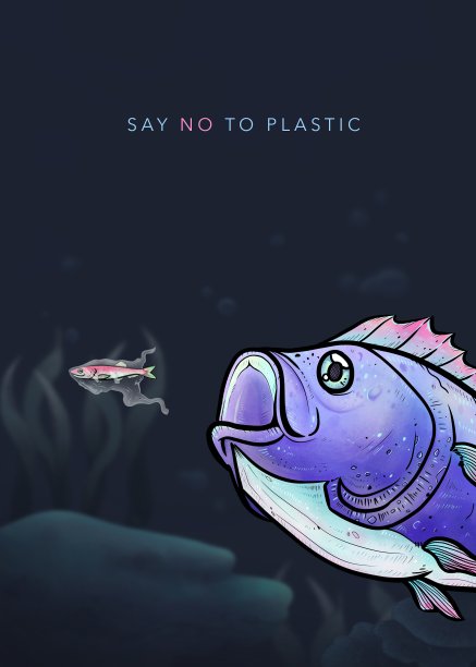 反对塑料污染，影响水生动物的生命周期，大鱼吃小鱼用塑料袋覆盖和信说不塑料的卡通插图艺术品图片下载