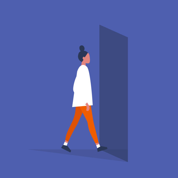 年轻的女性角色走过门口。日常生活。平面可编辑矢量插图，剪辑艺术图片下载