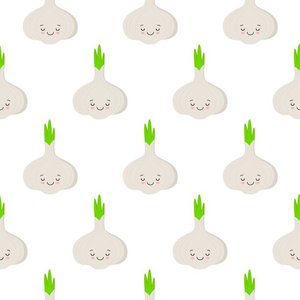 大蒜，矢量无缝图案与可爱的卡通蔬菜人物隔离在白色上图片下载