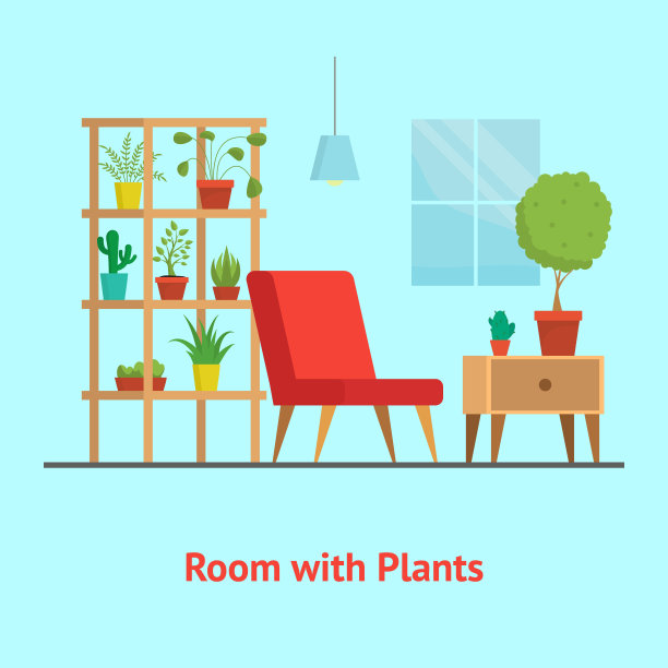 卡通房间与家具和植物卡。向量图片下载