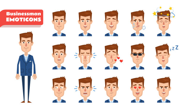 商人表情包。商人表情包显示了不同的面部表情。快乐、悲伤、愤怒、茫然、惊讶、严肃、疲惫、困倦等情绪图片下载