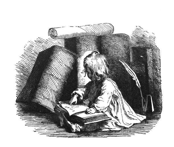 古色古香的儿童图画书插图——小女孩坐在超大号的书前看书图片下载