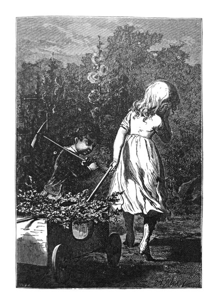 古董儿童图画书插图-女孩拉着一辆车在花园里和她的兄弟图片下载