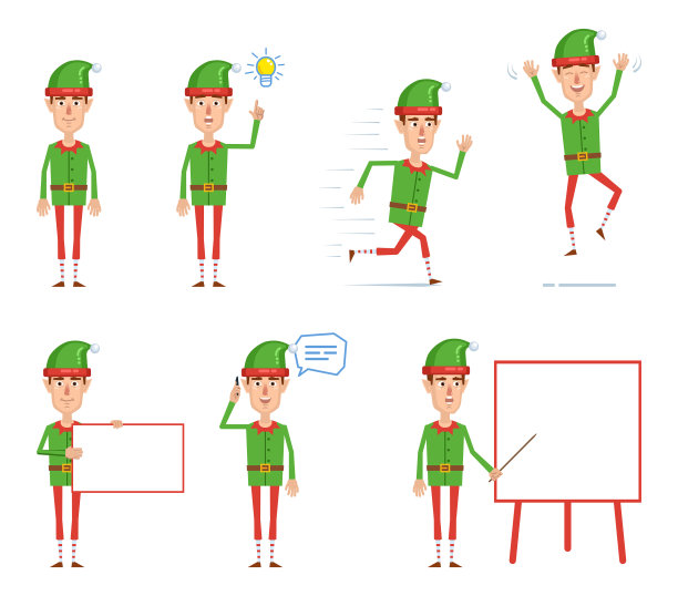 圣诞小精灵角色在不同的情况下摆姿势。欢快的小精灵指着上面，跑着，跳着，讲着电话，举着横幅，指着白板图片下载