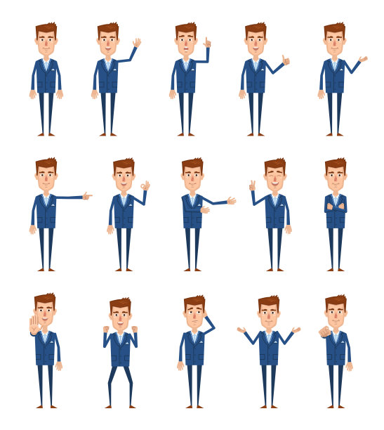 一套商人人物显示不同的手势。开朗的人指指点点，打招呼，竖起大拇指，停下手等手势图片下载