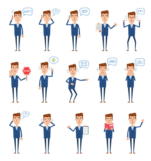 一组商人人物表现出不同的行动，情绪。开朗的商人打电话，思考，惊讶，生气，看书和做其他动作图片下载