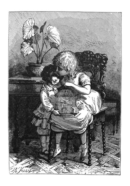 古董儿童图画书插图-姐姐亲吻小男孩与一个鸟笼在她的腿上图片下载
