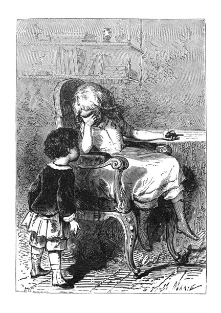 古董儿童图画书插图-女孩伤心，因为她的鸟死与哥哥看着图片下载