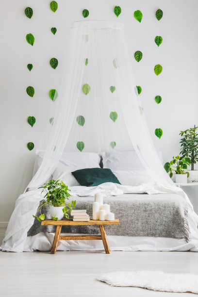 大床上方白色顶篷，灰色床上用品和祖母绿枕头图片下载