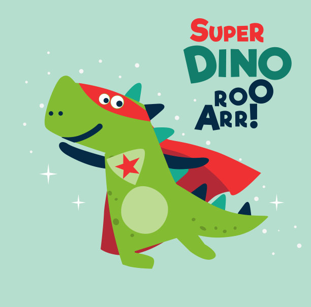 穿着超级英雄服装的搞笑恐龙。超级恐龙。卡通英雄在风中挥舞着披风飞翔图片下载