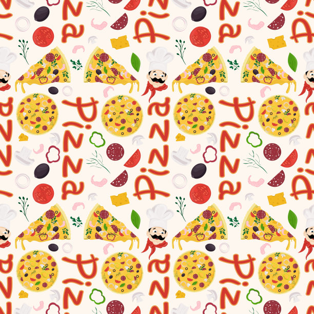 无缝图案插画，以意大利披萨美食为主题，为装修和设计扁平化风格图片下载