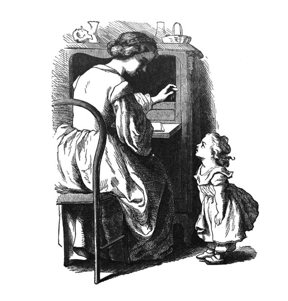 古色古香的儿童图画书插图——小女孩抬头看着坐在书桌前的母亲图片下载