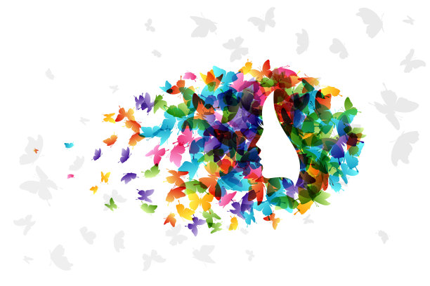 有蝴蝶头发的女人。向量隔离装饰元素从分散的剪影。美丽和风格的概念说明。图片下载