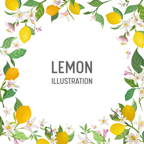 植物婚礼请柬，复古保存日期，模板框架设计的柠檬水果花和叶子，开花插图。矢量时尚封面，图形海报，小册子图片下载