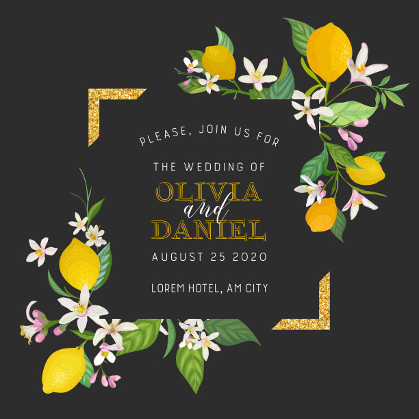 一套植物婚礼的邀请卡，复古保存日期，模板设计的柠檬水果花和叶子，开花插图。矢量时尚封面，图形海报，小册子图片下载