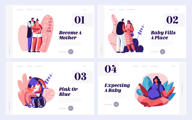 幸福夫妻等待宝宝网站登陆页面模板集。有丈夫的健康和残疾孕妇。孕妇，爱的家庭，怀孕网页。卡通平面矢量插图，旗帜图片下载