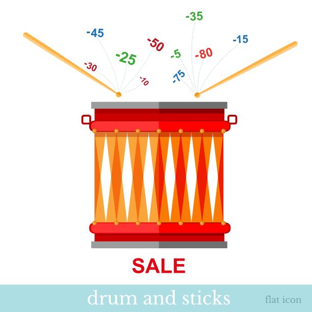 平面设计矢量概念图标的金融和商业，棍子打鼓和折扣飞出白色图片下载