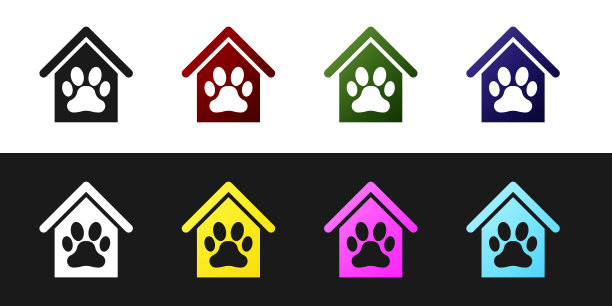 设置狗屋和爪印宠物图标孤立在黑白背景。狗窝。矢量图图片下载