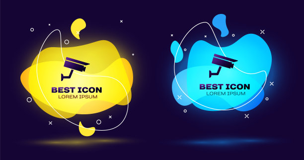 黑色安全摄像头图标孤立在蓝色背景。一套液体颜色抽象几何形状。矢量图图片下载