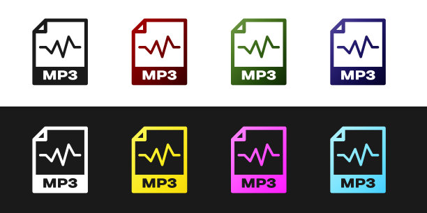 设置MP3文件文档图标。下载mp3按钮图标隔离在黑白背景。Mp3音乐格式标志。MP3文件的象征。矢量图图片下载