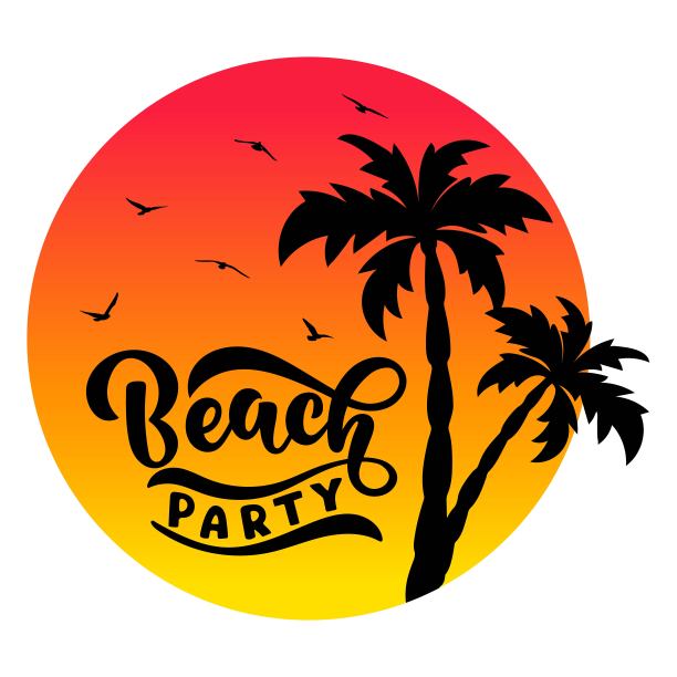 手写文字沙滩派对与棕榈和海鸥矢量横幅设计。图片下载