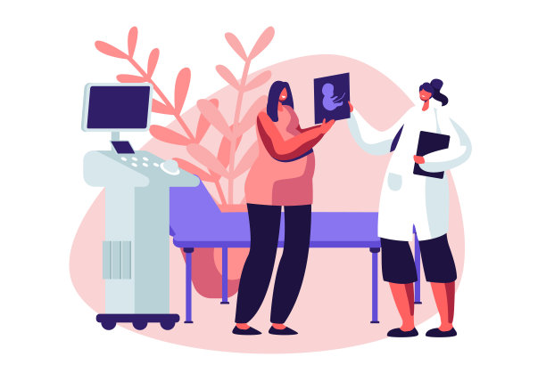 孕妇在超声波柜中看宝宝照片。女角色医生向准妈妈展示胎儿形象。生育，分娩，家庭关系。卡通平面矢量插图图片下载