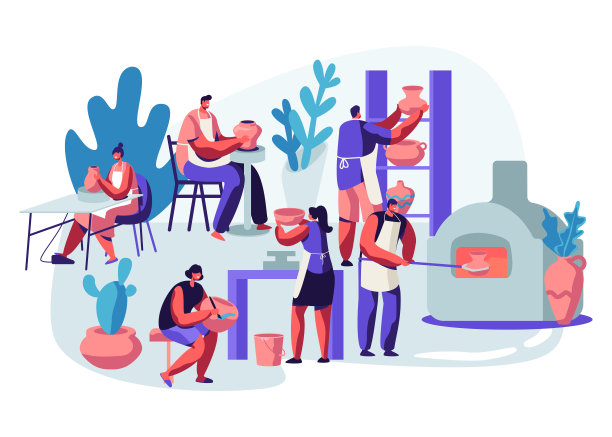 在陶艺坊制作和装饰壶，陶器，陶器和其他陶瓷。一群人享受他们的爱好。绘画，烤箱烘焙。卡通平面矢量插图图片下载