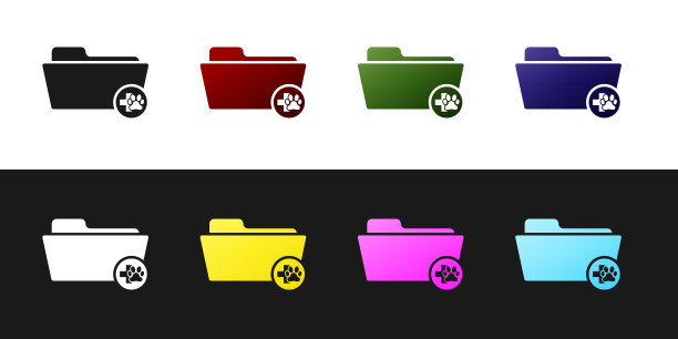 设置医疗兽医记录文件夹图标隔离在黑色和白色背景。狗或猫的爪印。文档的宠物。病人文件图标。矢量图图片下载