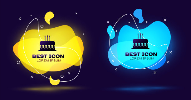 黑色蛋糕与燃烧的蜡烛图标孤立在蓝色背景。生日快乐。一套液体颜色抽象几何形状。矢量图图片下载