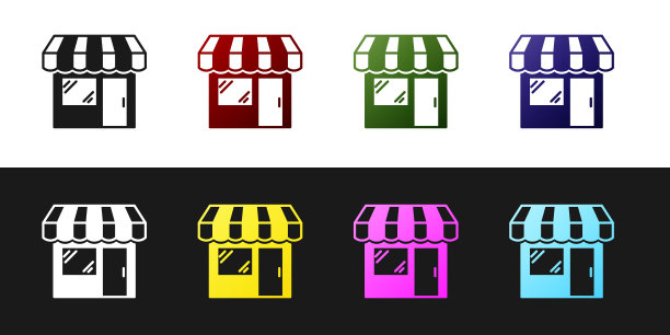 设置购物建筑或市场商店图标孤立的黑白背景。店建设。矢量图图片下载