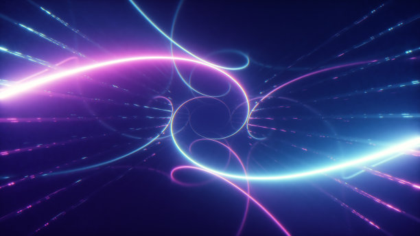 抽象的彩色飞行在未来的走廊与发光的激光螺旋，三维插图，荧光紫外线，几何无限隧道，蓝粉色光谱，图片下载