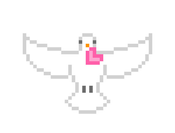 放飞的鸽子展翅飞翔，嘴里衔着心形卡片，8位像素艺术字符孤立在白色背景上。象征着爱，和平，纯洁和自由。白鸽标志。图片下载