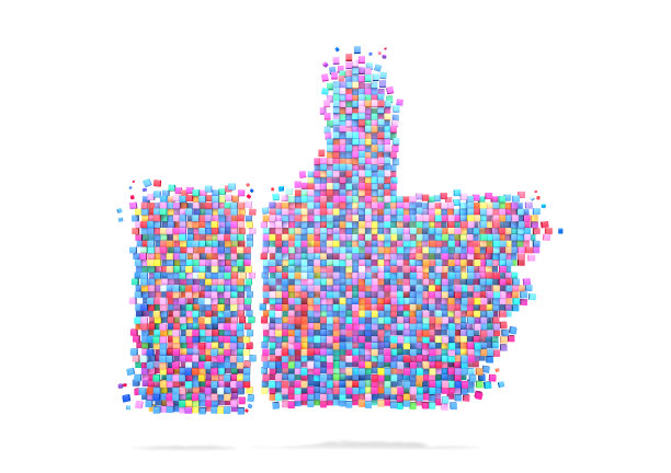 3D渲染大拇指图标彩色立方体像素，孤立在白色背景。补丁内部的立方体隔离。图片下载